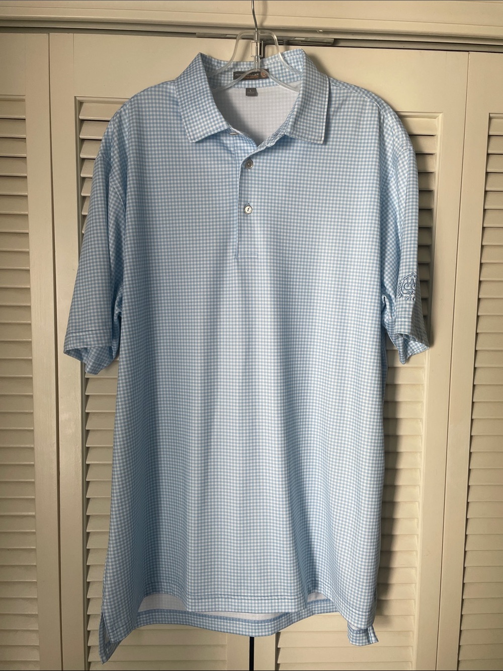 Peter Millar Light Blue Micro-Check Polo Summer Comfort Sz L Country Club emblem